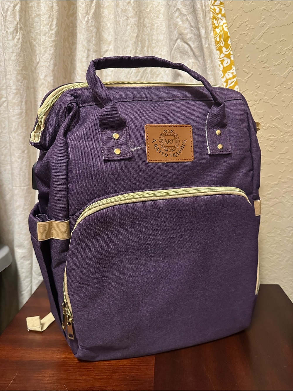 Purple Canvas Multi purpose Baby diaper Bag Backpack with Beige Trim
